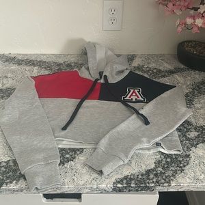XS college hoodie, grey, blue, red, cropped